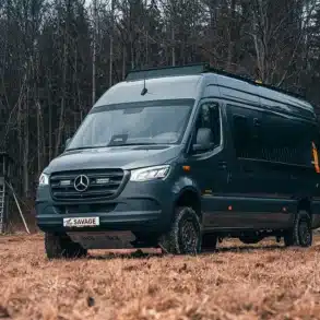 Rhön Camp The Savage Kastenwagen auf Mercedes Sprinter Basis steht auf einer Wiese vor einem Wald.