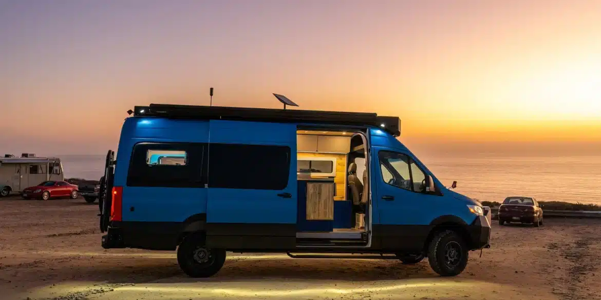 Blauer Rogue Vans Fox Den Campervan mit geöffneter Tür am Strand bei Sonnenuntergang, Innenraum sichtbar