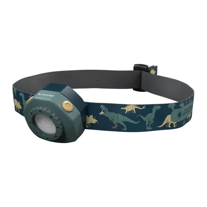 Dunkelgrüne Kinder-Stirnlampe KIDLED4R mit Dinosaurier-Muster am Stirnband, von Ledlenser.