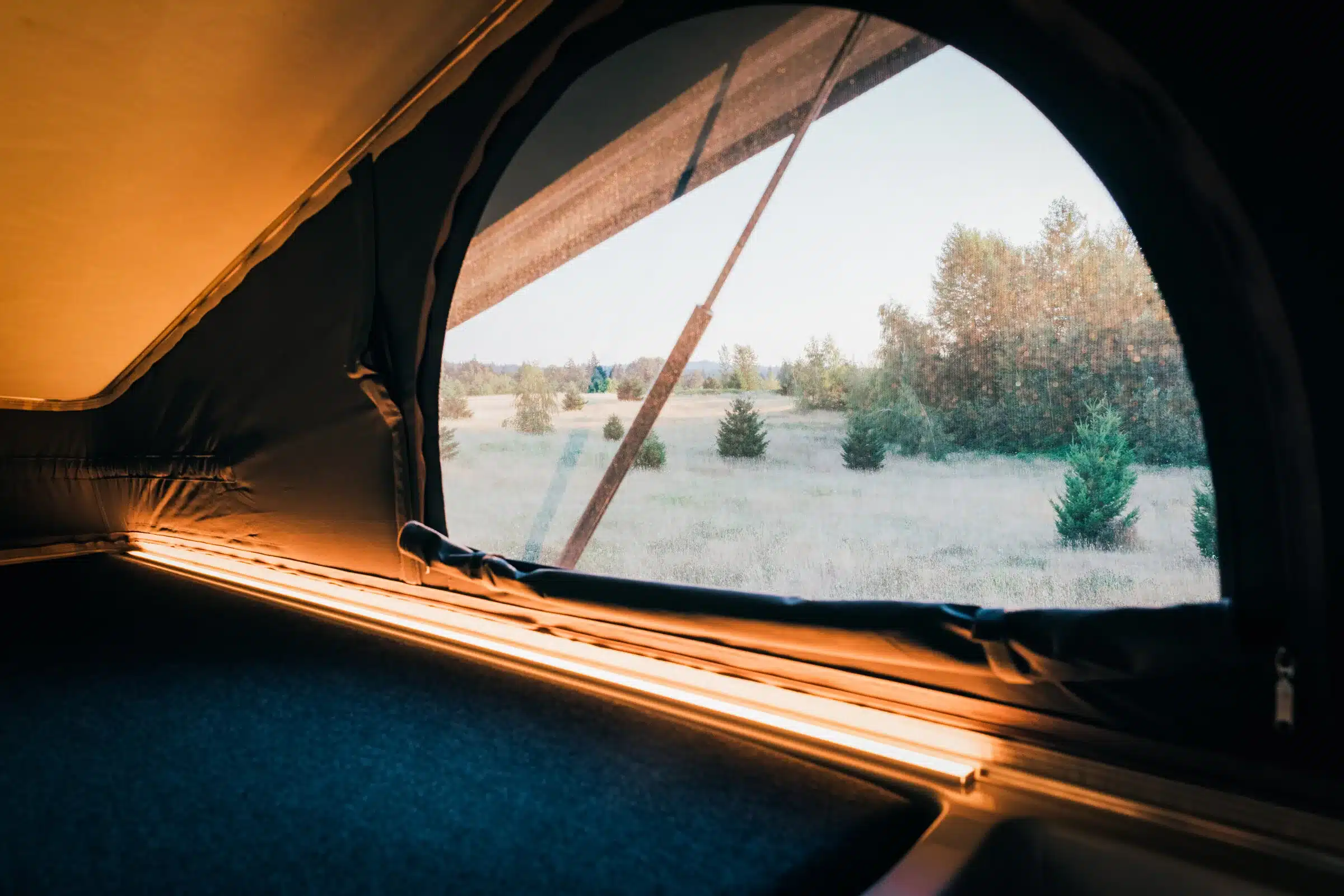 Innenansicht des Aufstelldachs im Tree House Sprinter 4x4 mit Blick durch das geöffnete Fenster auf eine Wiese mit Bäumen