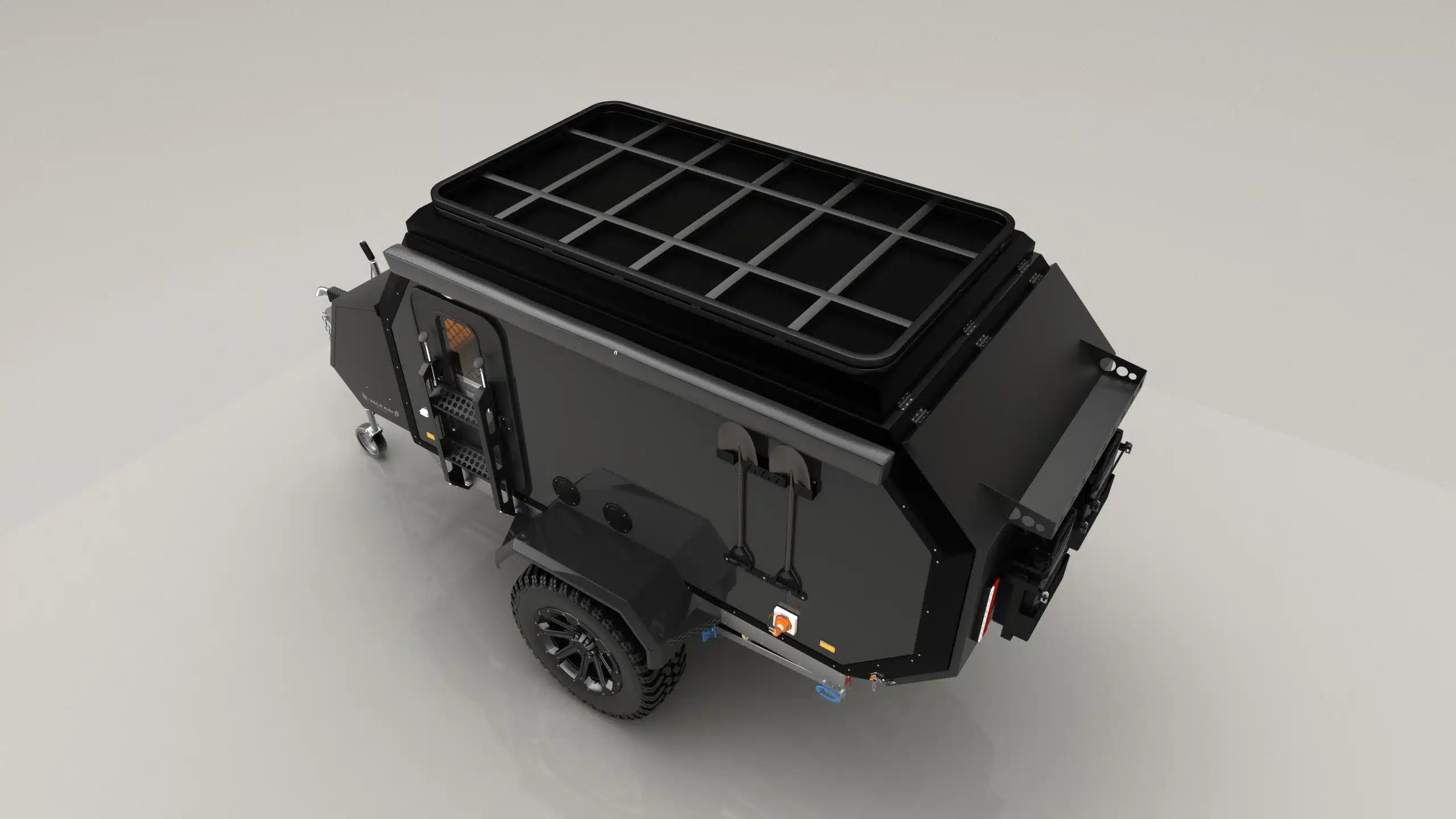 Valkari X1 Offroad-Caravan in schwarzer Ausführung, von schräg oben fotografiert, mit Dachträger und Offroad-Bereifung