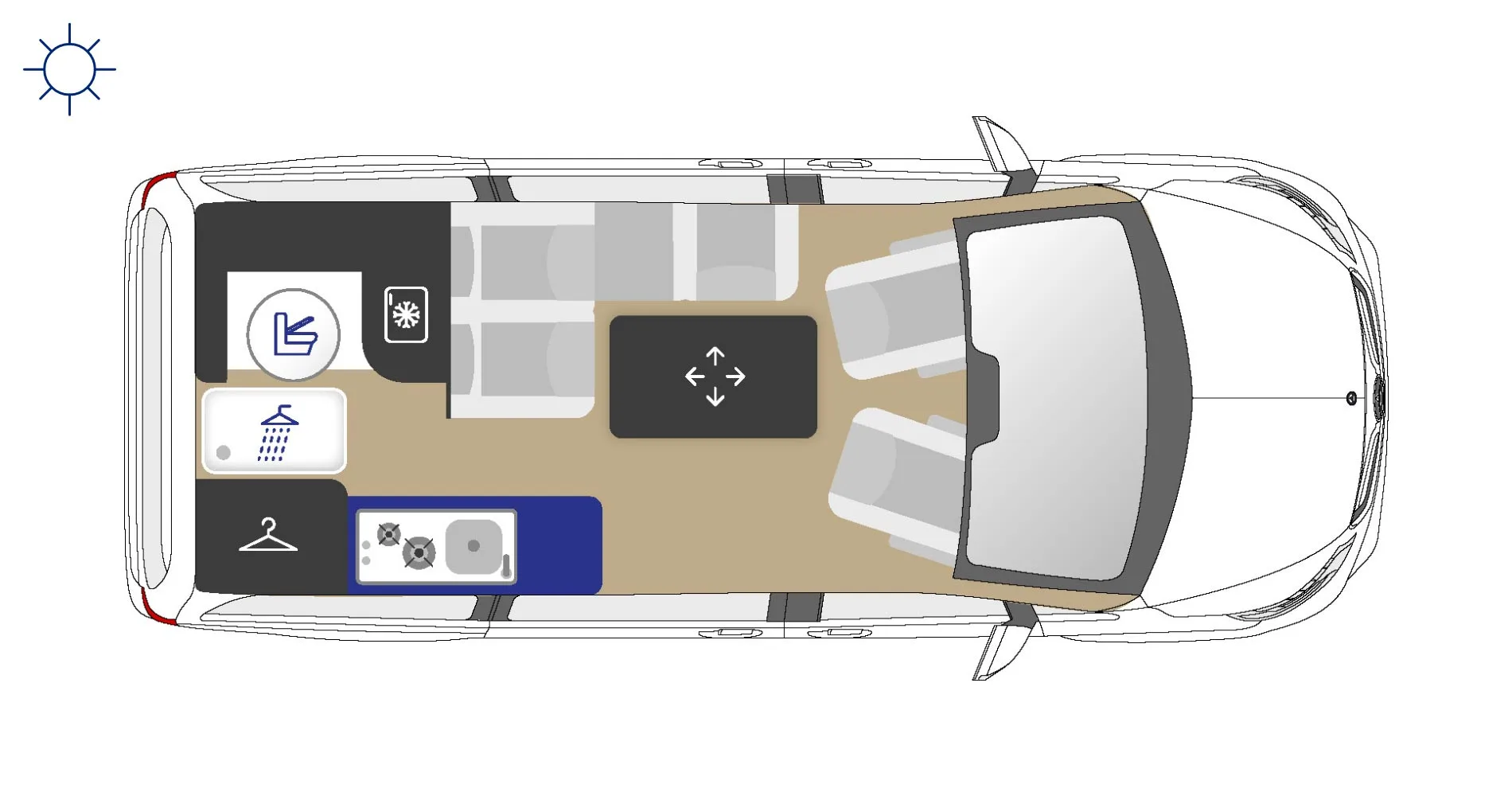 Schematische Draufsicht auf den Grundriss des Westfalia Jules Verne Campervans mit Sitzgruppe, Küche, Bad und Schlafbereichen