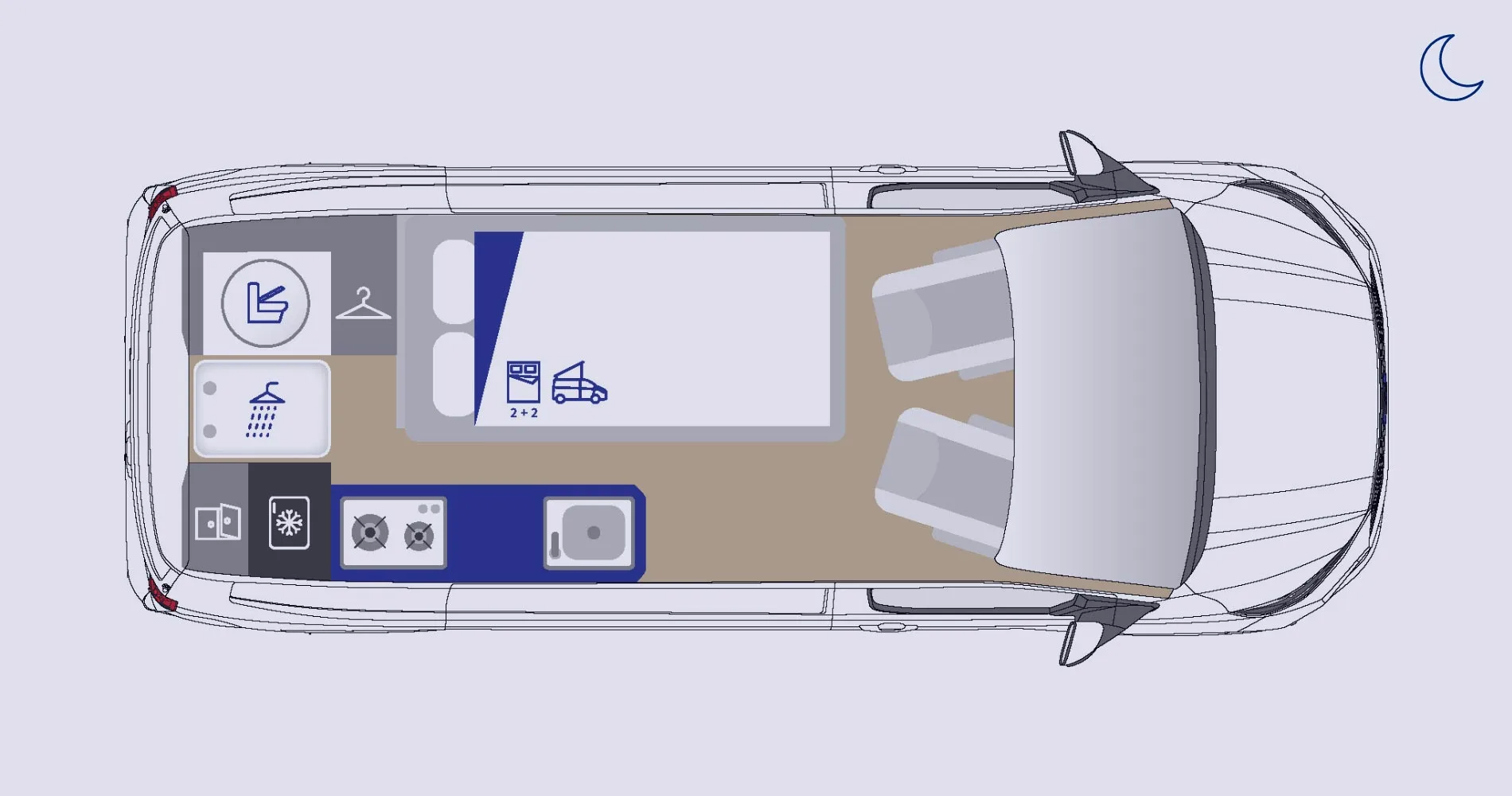Grundrisszeichnung des Westfalia Kelsey Campervans mit Schlafbereich, Küche, Dusche und Sitzplätzen