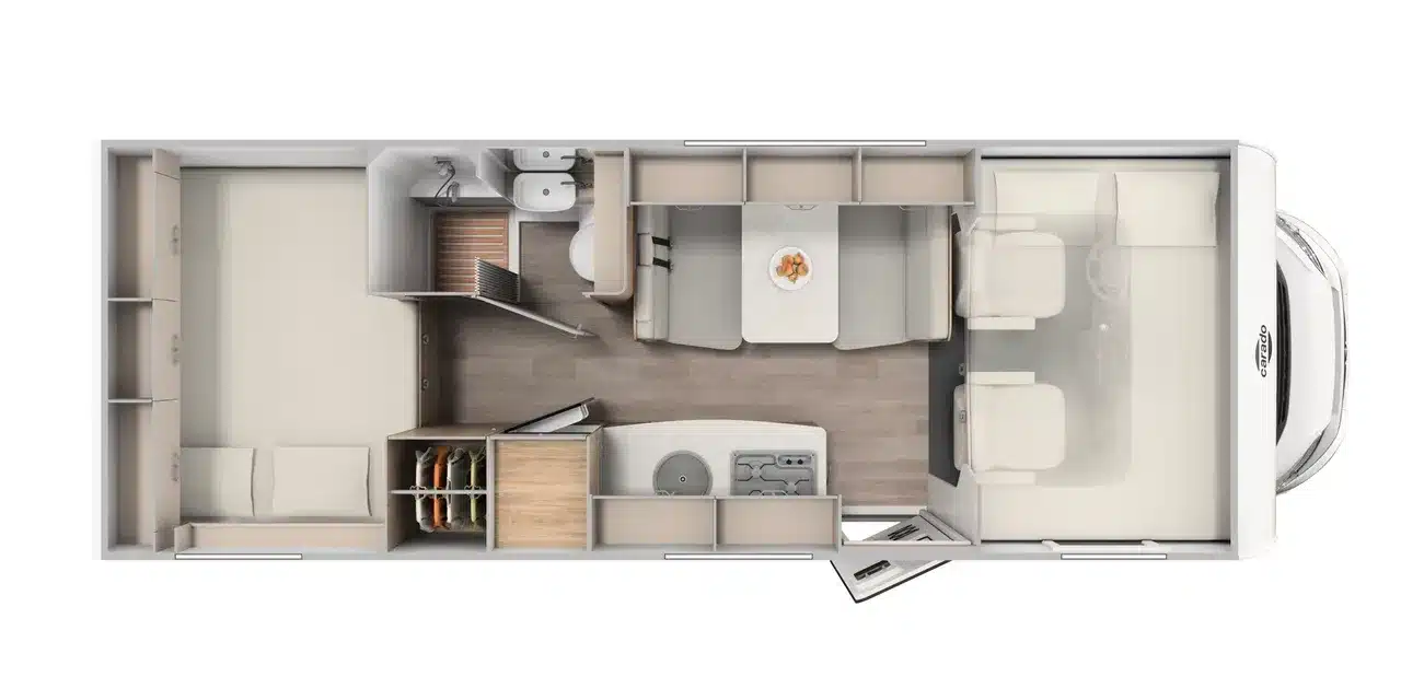 Grundriss des Carado A464 PRO Alkoven-Wohnmobils mit Sitzgruppe, Küche, Bad und Schlafbereichen