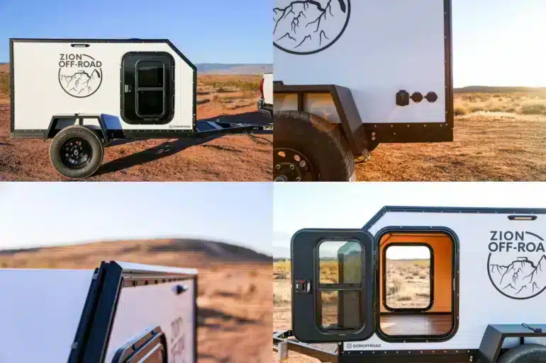 Zion Off-Road Z1-Base Trailer auf sandigem Untergrund mit geöffneter Tür und Detailaufnahmen der modularen Bauweise