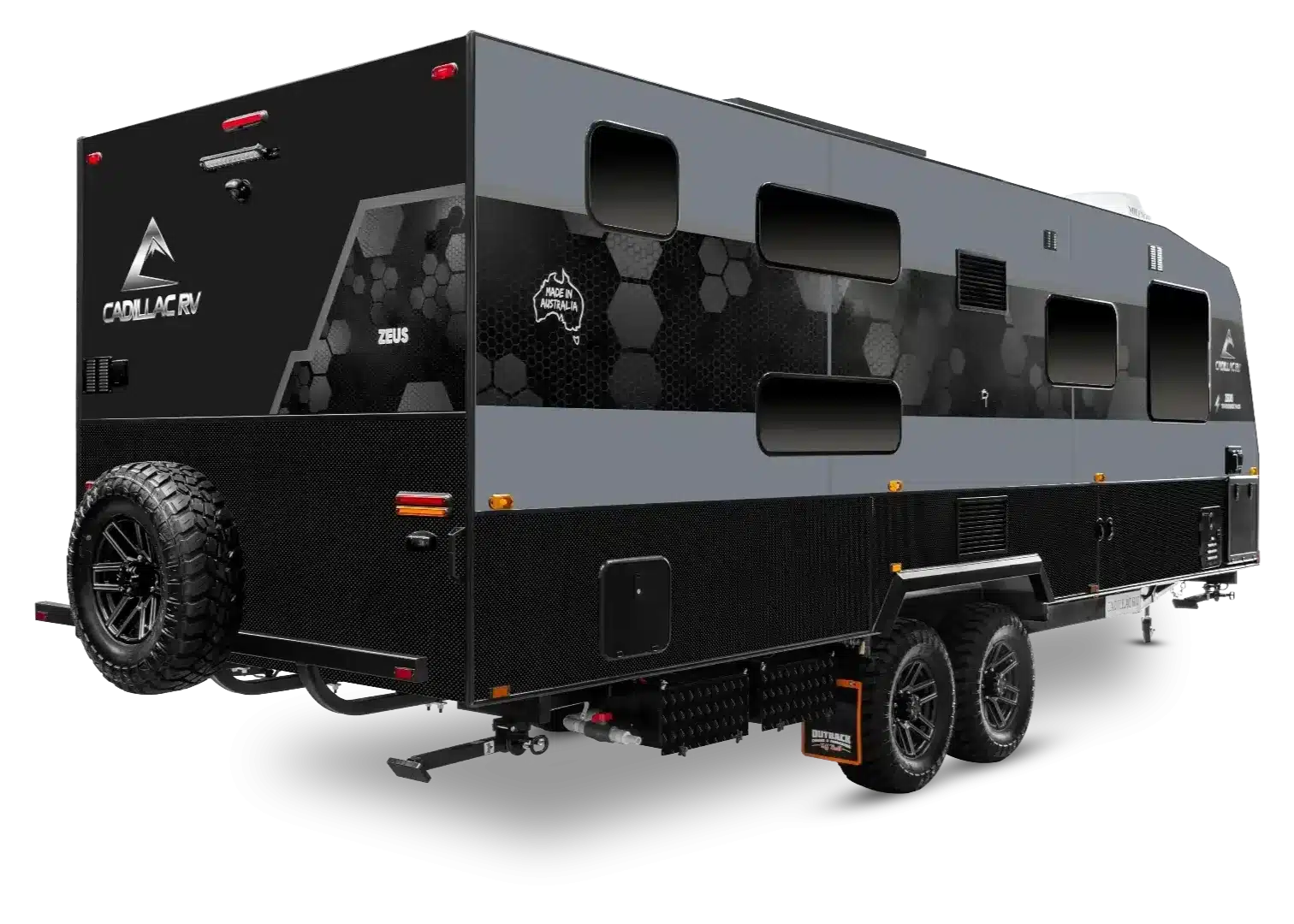 Cadillac Caravans Zeus Quad Bunk Wohnwagen mit All-Terrain-Bereifung und moderner Außengestaltung