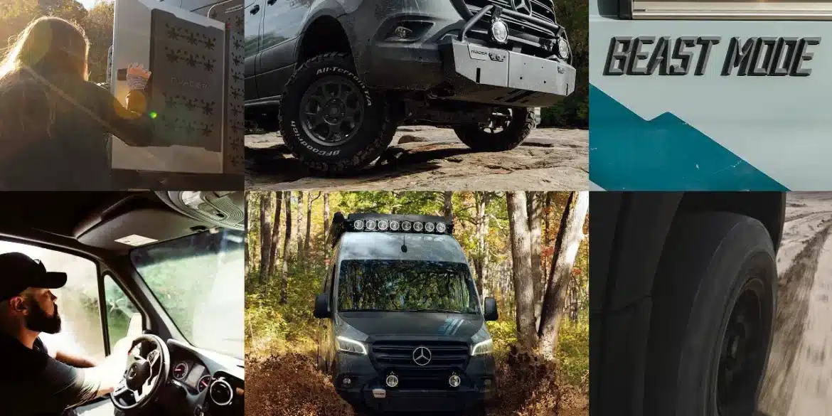 Mehrere Ansichten des 2026 Beast Mode OG Offroad-Campervans auf Sprinter-Basis, darunter Gelände-Einsatz, Innenansicht und Ausstattungsdetails.
