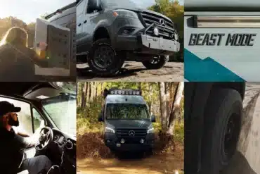 Collage des Beast Mode XO Kastenwagens mit Offroad-Ausstattung bei verschiedenen Outdoor-Einsätzen.