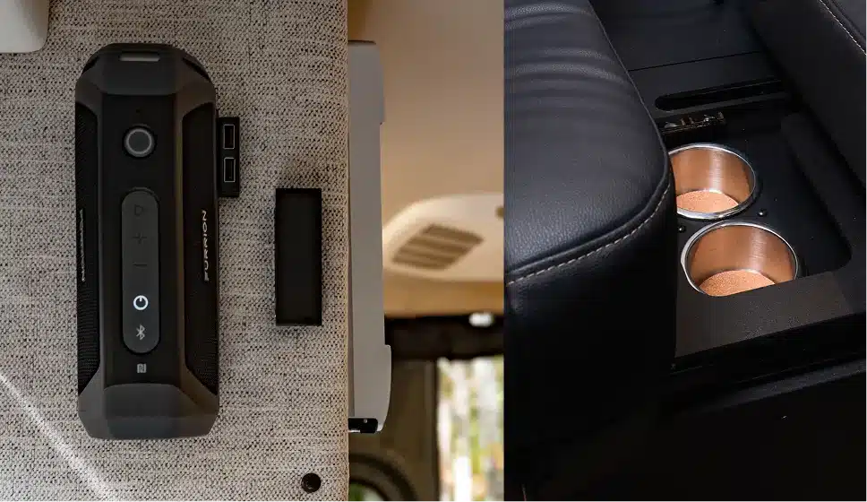 JBL Bluetooth-Lautsprecher mit USB-Ladebuchsen und schwarze Leder-Armlehne mit integrierten Becherhaltern im Beast Mode XO Camper