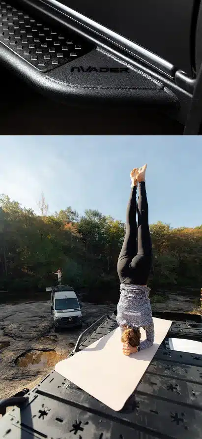 nVader Dachträger-Detail und Yoga auf dem Beast Mode XO Kastenwagen in der Natur.