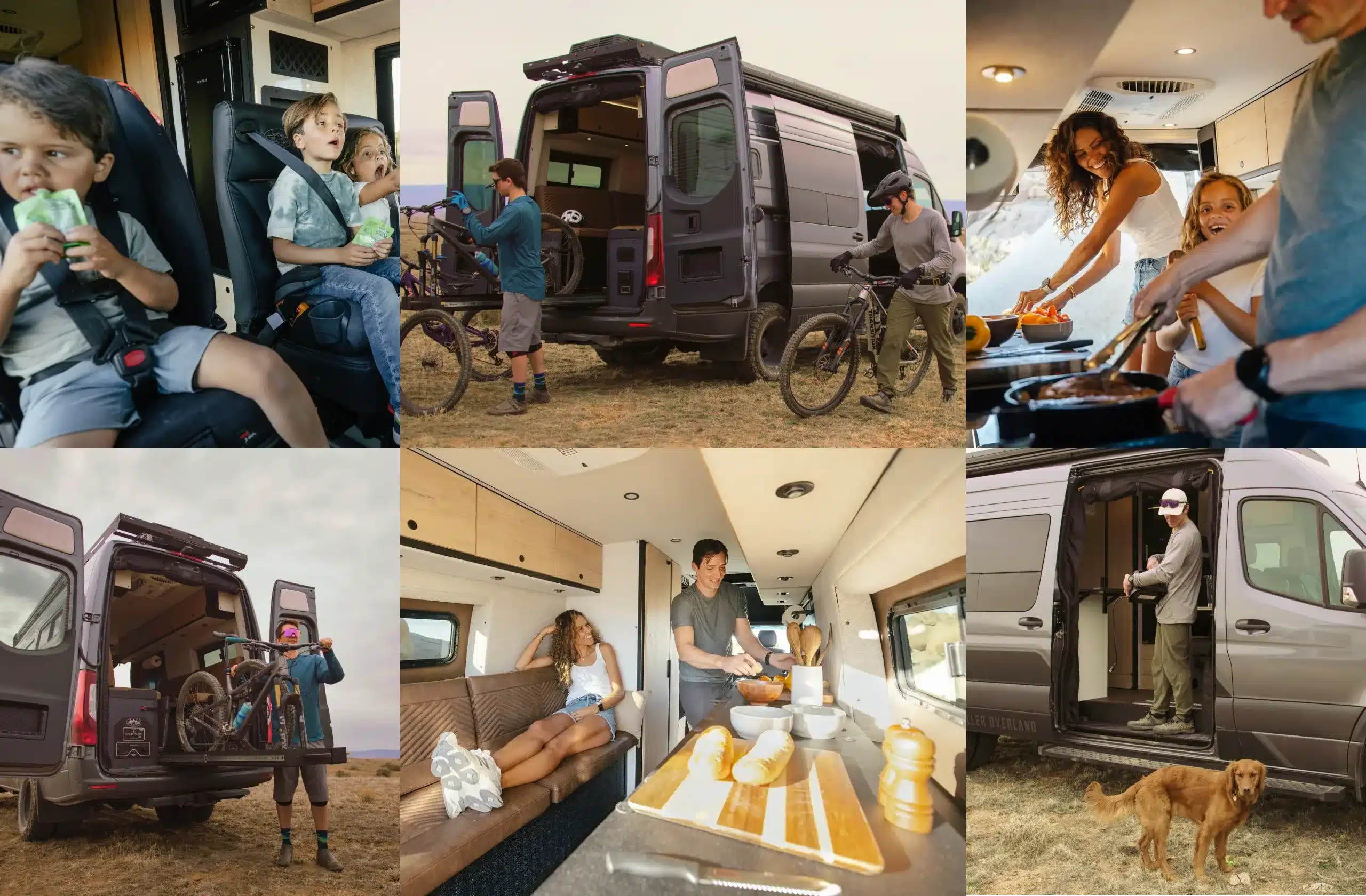 Storyteller Overland Crew Mode XL Campervan – Familienfreundlicher Van beim Camping, Radfahren, Entspannen und Kochen, Innen- und Außenaufnahmen.