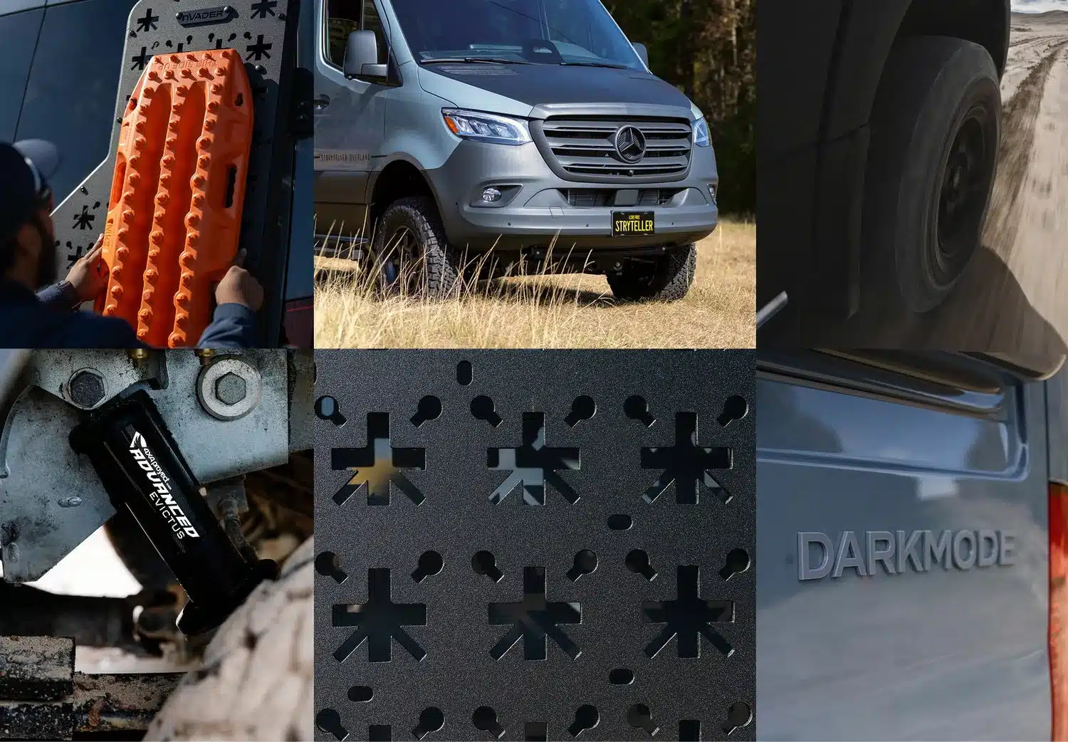 Collage mit Details des 2026 Dark MODE OG Kastenwagens, darunter Frontansicht, Offroad-Fahrwerk, Felgen, Rescuetools und DARKMODE-Logo.