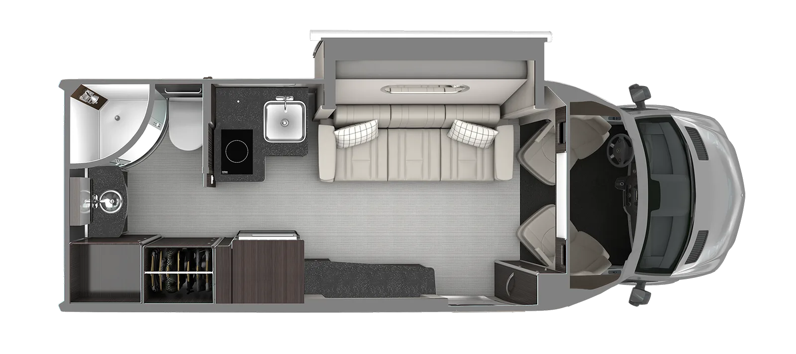 Grundriss des Airstream Atlas 2026 mit Wohnbereich, Küche, Bad und Fahrerhaus auf Sprinter-Chassis.