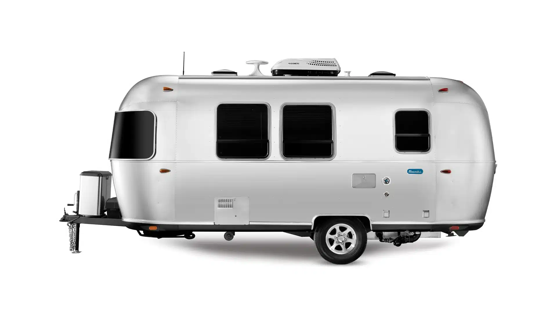 Airstream Bambi 20FB Wohnwagen, Seitenansicht, silbernes Aluminium, kompakter einachsiger Caravan