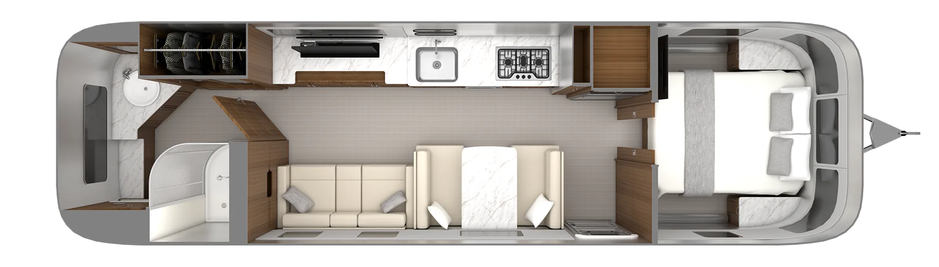 Detaillierter Grundriss des Wohnwagens Airstream Classic 2026, mit sichtbaren Bereichen für Küche, Bad, Schlaf- und Wohnbereich