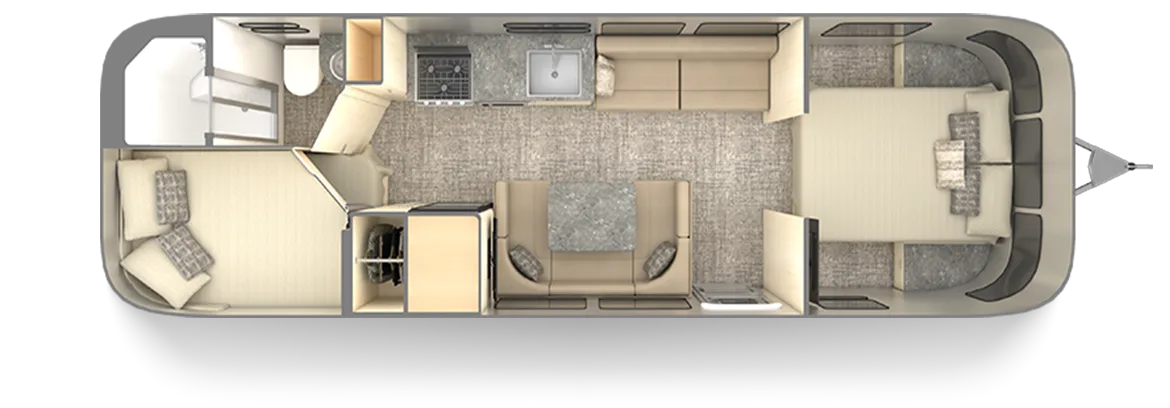 Grundriss des Airstream Flying Cloud 30FB Bunk mit Wohnbereich, Küche, Bad, Dinette und Schlafplätzen.