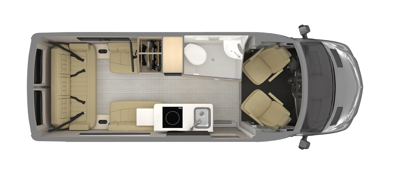Grundriss und Innenraumaufteilung des Airstream Interstate 19GTX Campervans, mit Sitzen, Küche und Bad.