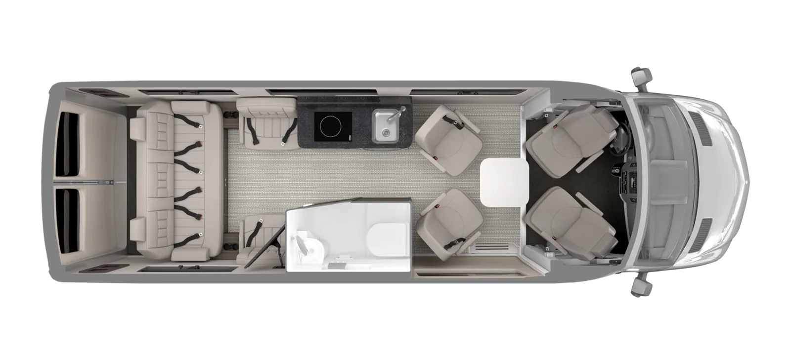 Grundriss des Airstream Interstate 24GL: Sitzplätze, Küche, Bad und Fahrerbereich in der Draufsicht