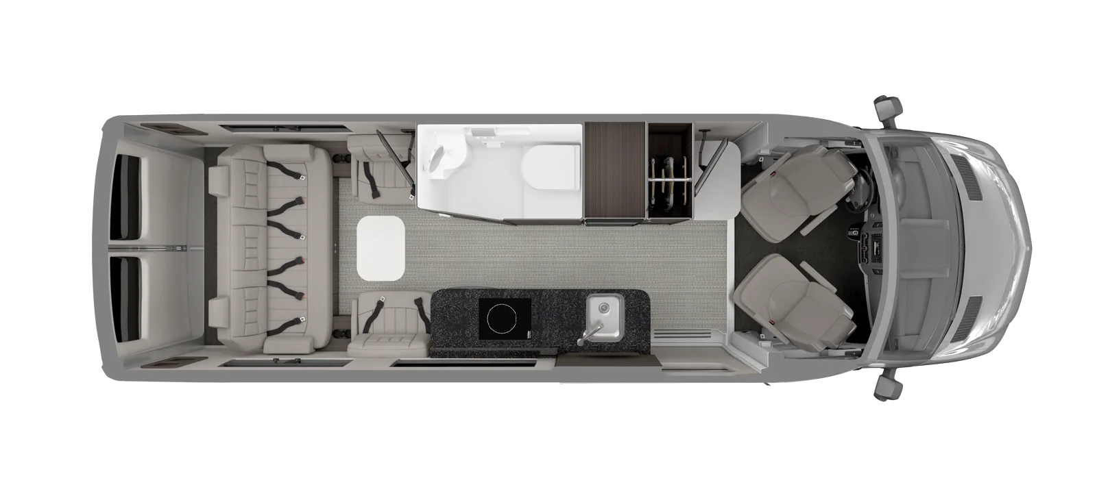 Draufsicht auf den Grundriss des Airstream Interstate 24GT mit Sitzplätzen, Küche, Bad und Fahrerhaus