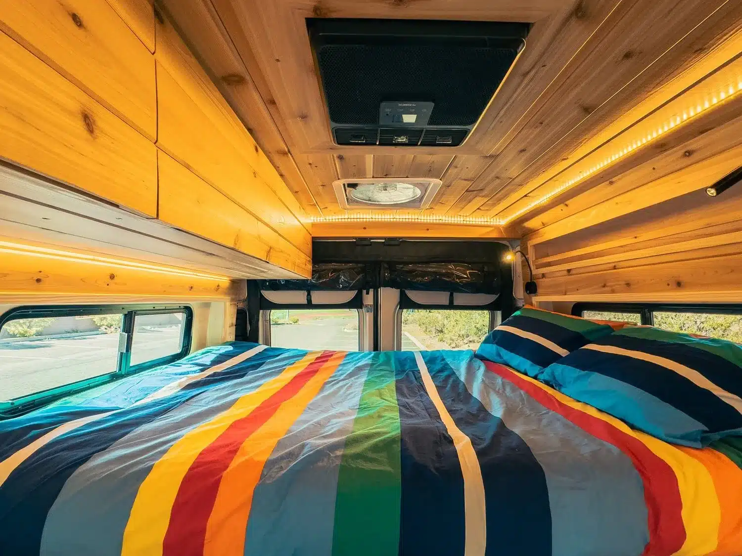 Schlafbereich im AQUAVAN-Ausbau auf RAM Promaster 2500 High Roof 159 mit buntem Bettbezug, Holzdecke und LED-Beleuchtung