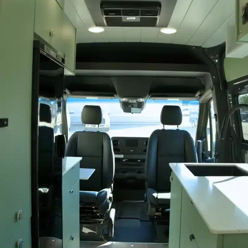 Innenraum eines Bruce Peninsula Campervans von Vancini Conversions mit drehbaren Sitzen, Küchenblock und viel Stauraum.