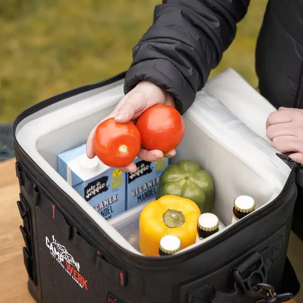 Geöffnete CAMPWERK 25L Kühltasche mit Gemüse, Getränken und Mandeldrink, unterwegs genutzt