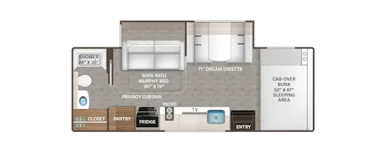 Grundriss des Chateau Sprinter 24LT mit Couch/Murphy-Bett, Dinette, Alkoven-Schlafplatz, Bad und Küchenbereich.