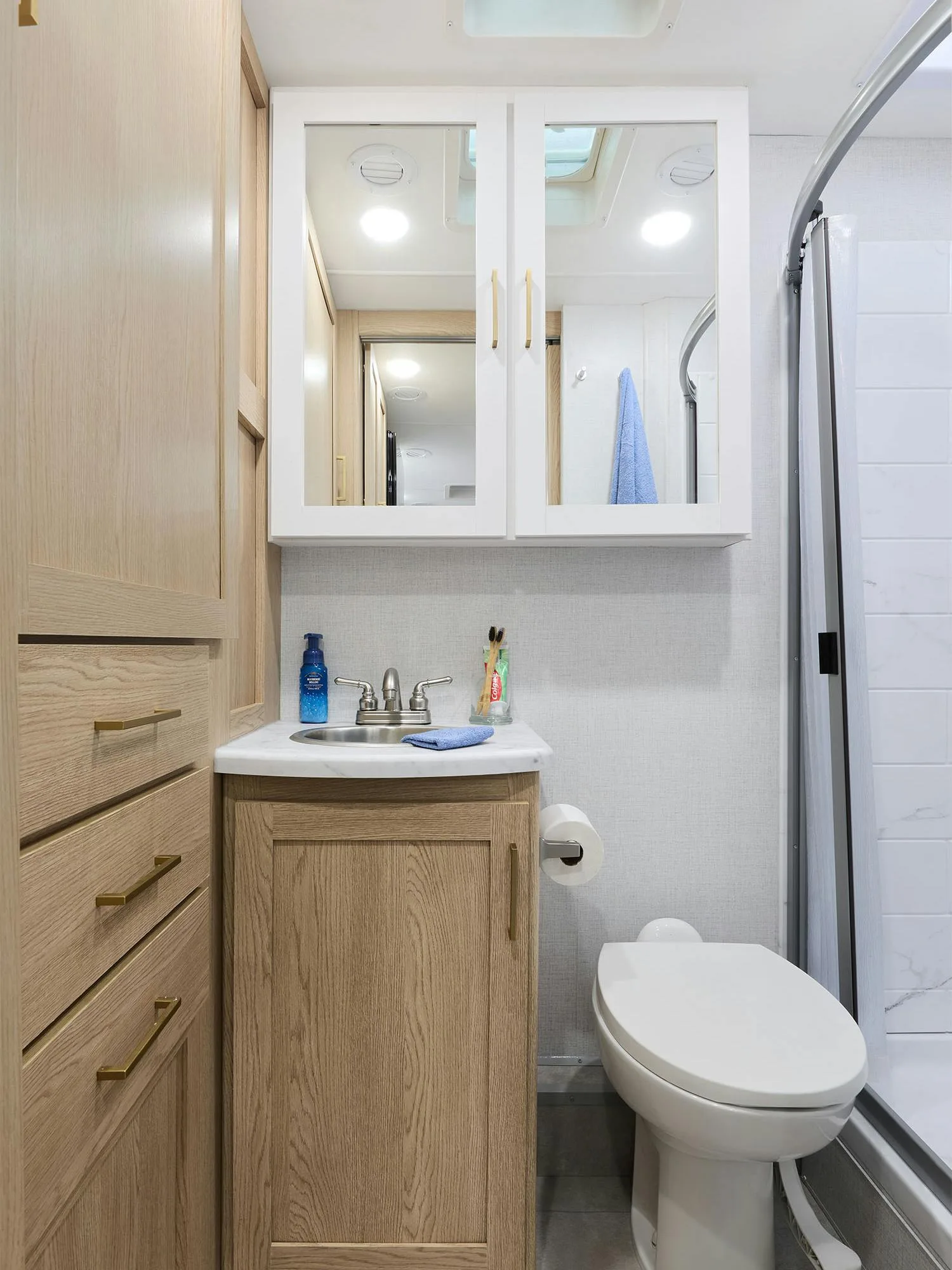 Innenansicht des Badezimmers im Chateau Sprinter 24LT mit Waschbecken, Toilette und Duschkabine