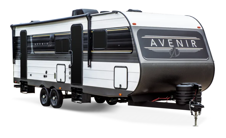 Moderner Cruiser Avenir Wohnwagen mit zwei Achsen, glatten Aluminiumseiten und getönter Glastür