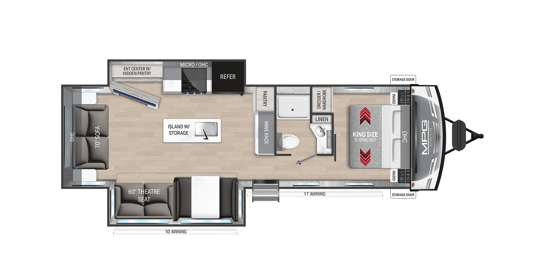 Grundrissdarstellung des Cruiser MPG 3010RL Travel Trailer mit allen wesentlichen Funktionsbereichen