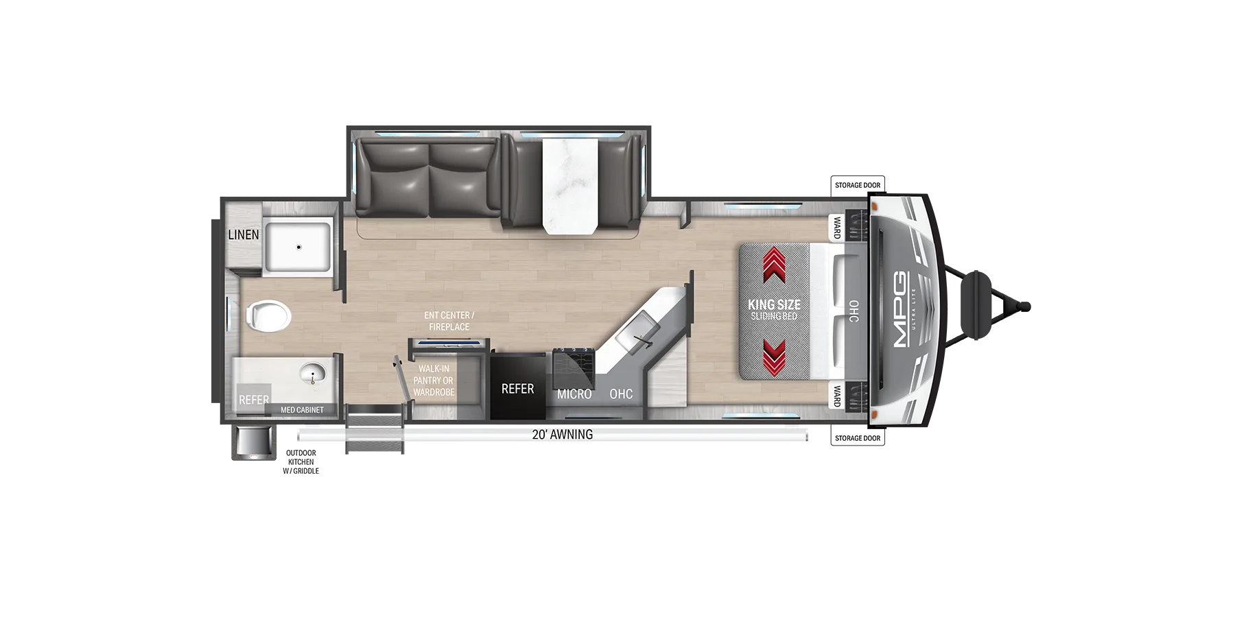 Grundriss des Cruiser RV MPG 2650RB Travel Trailer mit Heckbad, Wohnbereich und King-Size-Bett