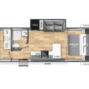 Grundriss des Cruiser RV Shadow Cruiser 240RPD Reiseanhängers mit Schlafzimmer, Wohnbereich, Bad und Küche.