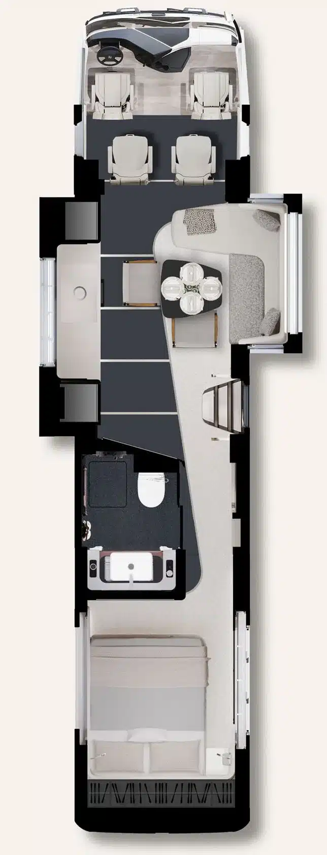Grundriss des Dembell Elite Reisemobils mit Garage, Wohnbereich, Küche, Bad und Schlafzimmer