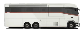 Seitenansicht des Dembell Smart-Garage Luxus-Reisemobils auf Mercedes-Benz Actros Gigaspace.
