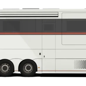 Seitenansicht des Dembell Smart-Garage Luxus-Reisemobils auf Mercedes-Benz Actros Gigaspace.