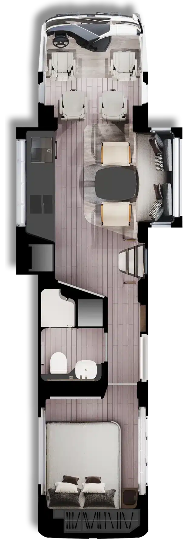 Grundriss des Dembell Smart-Garage Luxus-Reisemobils mit Slide-outs, großzügigem Wohnbereich, Bad und Schlafzimmer.