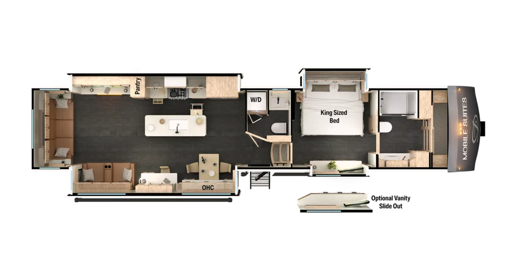 Grundriss des DRV MS Houston Fifth Wheel mit Wohnbereich, Küche, Schlafzimmer und Bad