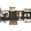 Grundriss des Luxus-Wohnanhängers DRV Suites MS 41FKRB mit Schlafzimmer, Bad, Wohnbereich und Küche.