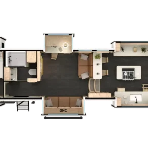 Grundriss des Luxus-Wohnanhängers DRV Suites MS 41FKRB mit Schlafzimmer, Bad, Wohnbereich und Küche.