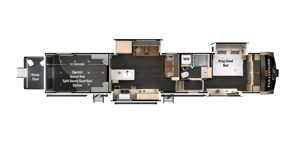 Grundrissdarstellung des DRV Suites MX450 Toyhaulers mit großen Wohn- und Schlafbereichen, Küche und getrenntem Garagenbereich.