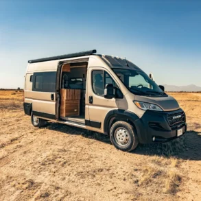 Faith RAM Promaster Camper Van mit geöffneter Schiebetür im Wüstengebiet