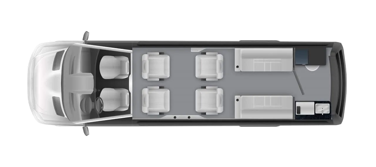 Draufsicht auf den Grundriss des Grech LUSSO Lounge Vans mit Executive-Sitzplätzen, Sofas, Küche und Nasszelle