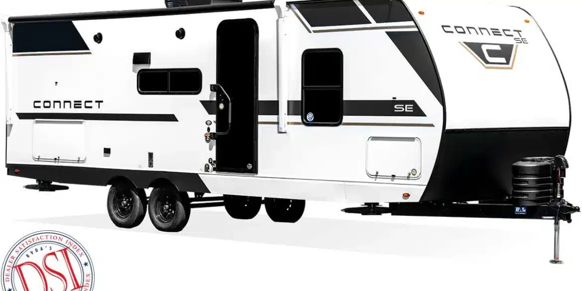 Seitenansicht eines KZ Connect SE Travel Trailers mit Doppelausstattung und großer Wohnfläche.