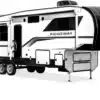 Ridgeway Fifth Wheel Wohnwagen in moderner Ausführung mit mehreren Staufächern und rahmenlosen Fenstern, abgestützt auf Standfüßen.