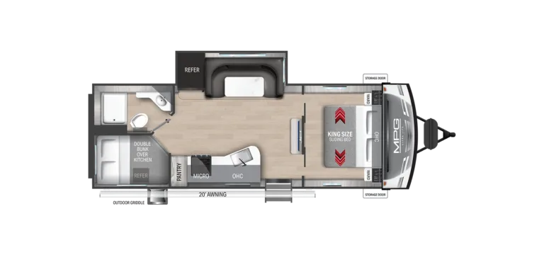 Grundrisszeichnung des MPG 2400PD Travel-Trailers mit King-Size-Bett, Wohnzimmer, Küche und Slide-Out.