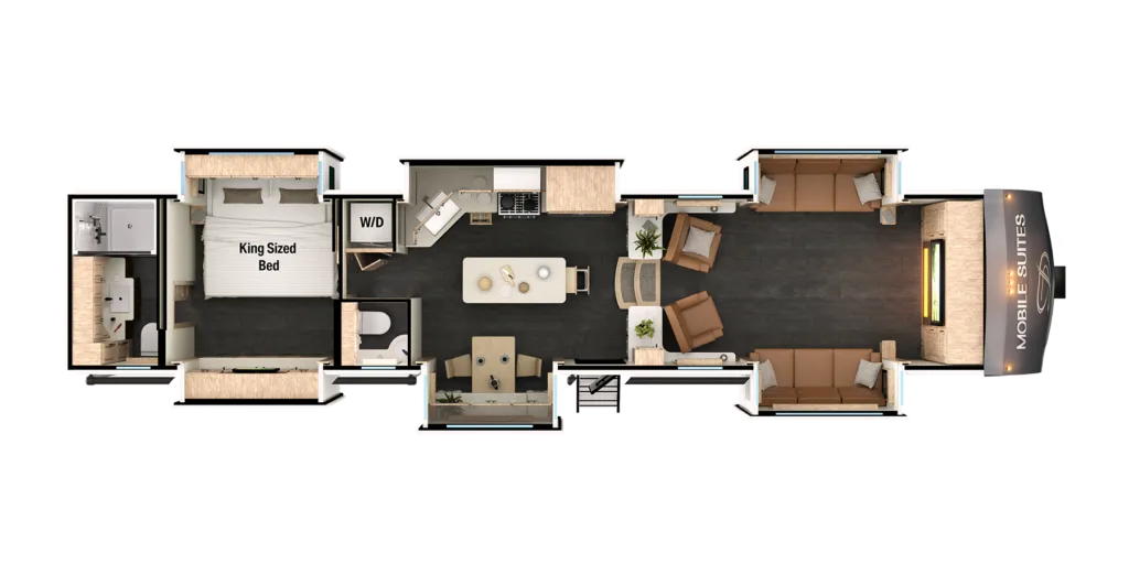 Grundriss der MS Nashville mit King-Size-Bett, Wohnbereich, Küche und Bad im Überblick.