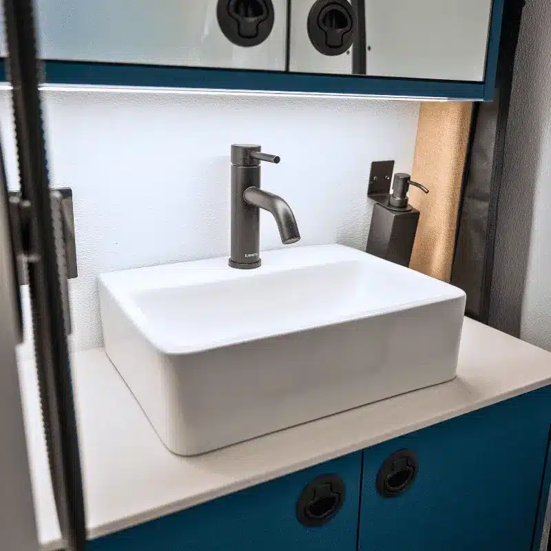 Waschbecken mit Armatur im ausgebauten Driftwood-Reisemobil