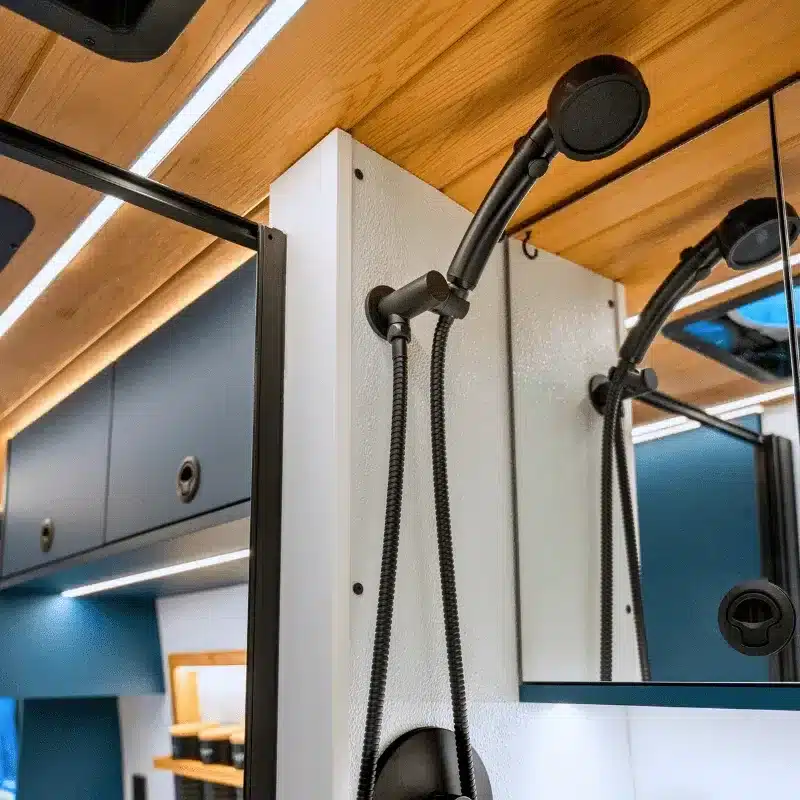 Detailaufnahme der Dusche im Innenraum eines Driftwood-Campervans mit Spiegel und Holzdecke.