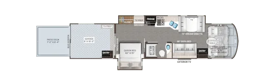 Grundriss des Outlaw Wild West Edition 38K zeigt Garage, Wohnbereich und Schlafzimmer.