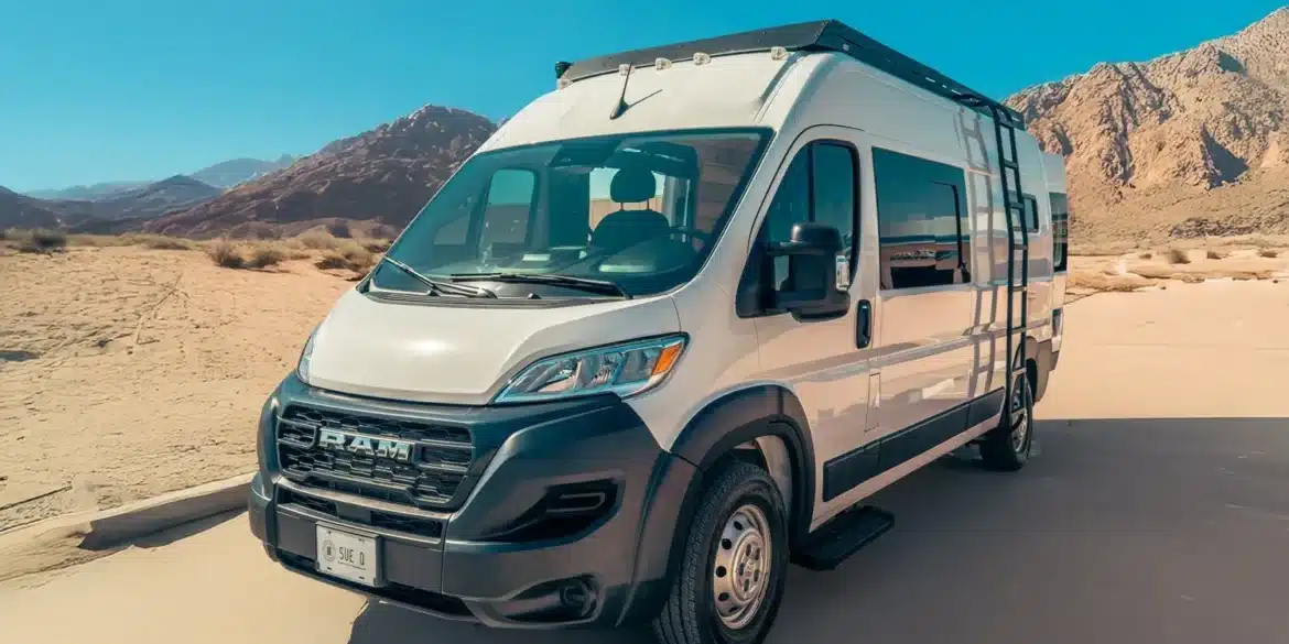 RAM Promaster 2500 Campervan mit Hochdach und Solaranlage in einer sonnigen Wüstenumgebung vor Bergen.